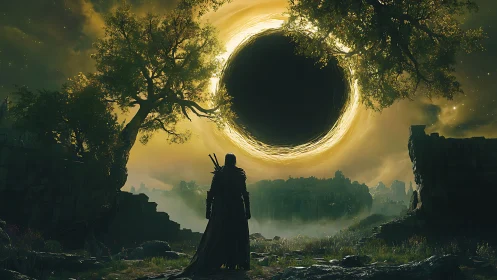 Cloaked figure observing luminous vortex in forested ruins.