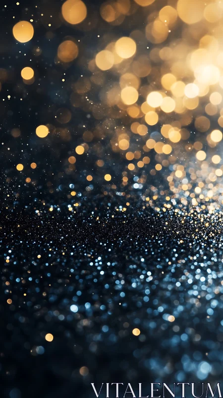 Bokeh glitter field with warm golden highlights on dark ground.