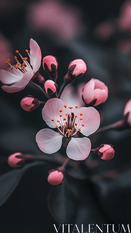 Delicate pink blossoms with vibrant stamens unfold against dark foliage.