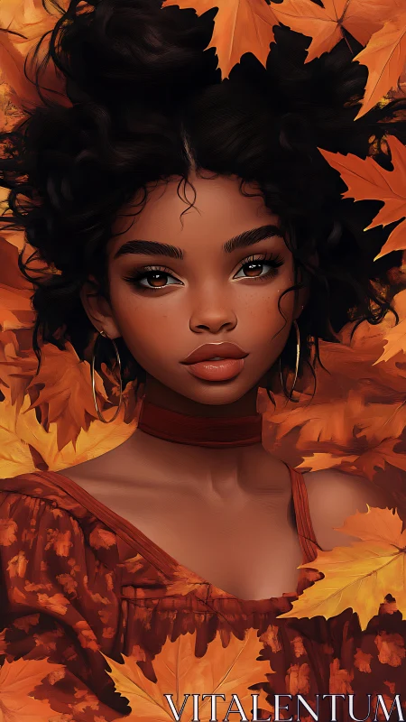 Autumn portrait of a serene woman framed in fiery maple leaves