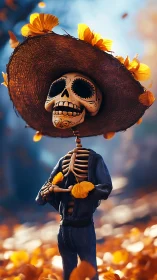 Festive skeleton in hat and petals celebrates autumn day.