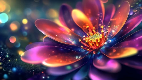 Multicolored digital flower with luminous abstract bokeh background.