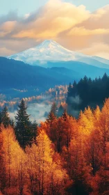 Snowy mountain peak rises above glowing autumn forest.