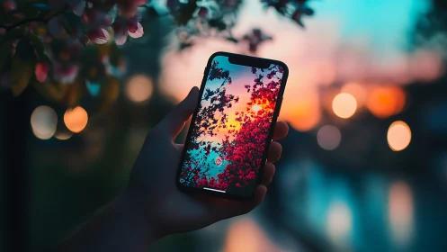 Smartphone screen frames vivid sunset and blossoms at dusk.