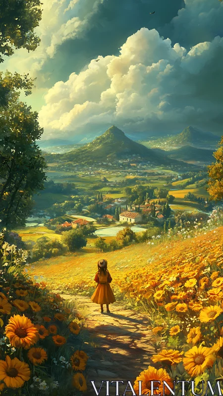 Girl in golden flower field gazes toward a sunlit valley village