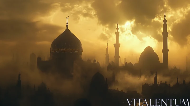 Silhouetted domed skyline in dense mist at sunrise.