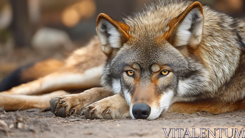 Resting wolf captured in shallow-depth, high-detail portrait