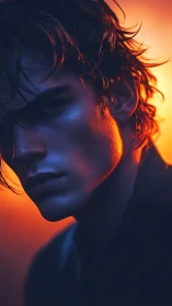 Cinematic male portrait in dual-tone orange and blue lighting