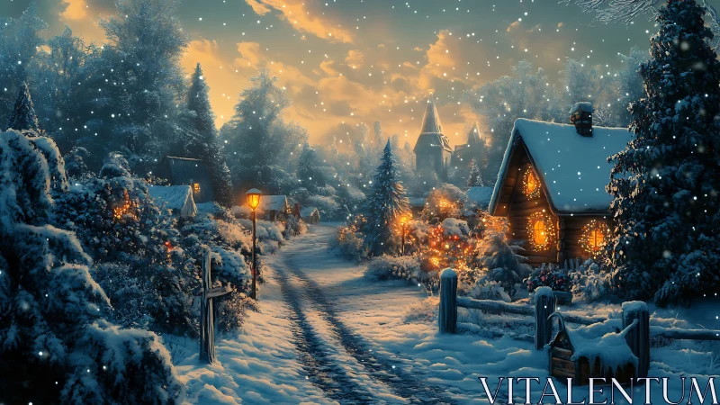 Snowlit village lane with warm lamplight and cabins at dusk.
