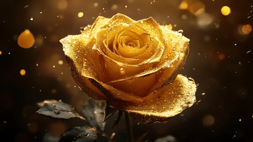 Golden yellow rose with water droplets in dark bokeh light.