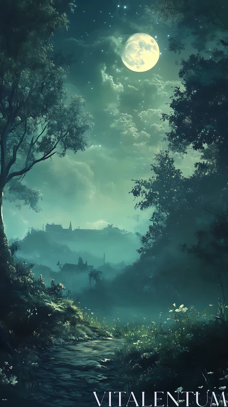 Moonlit forest path leads toward distant settlement calmly