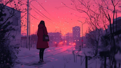 Twilight snowfall over quiet city street with lone figure.