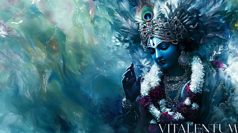Digital painting of jeweled blue deity in swirling teal aura.