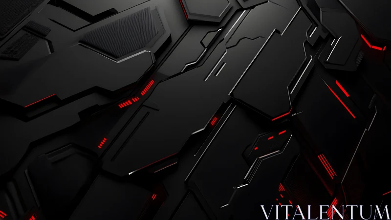 Futuristic dark tech background with geometric panels and red lights.