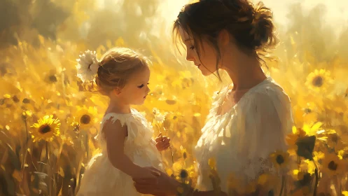 Mother and daughter in luminous sunflower field portrait.