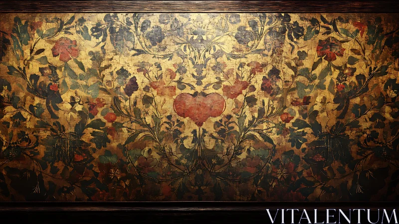 Aged floral mural with central heart motif on distressed gold ground