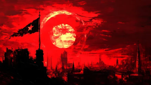 Red eclipse engulfs a war-torn city skyline in shadow.