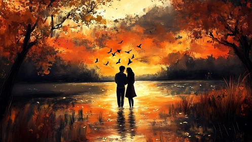 Two figures stand in water beneath autumn trees at sunset.
