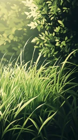 Sunlit meadow grass blades cut through deep forest shade.