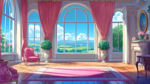 Sunlit pink salon interior overlooks distant green valley