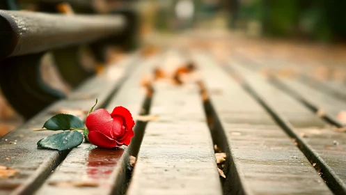 Single red rose on wet wooden bench with shallow depth of field