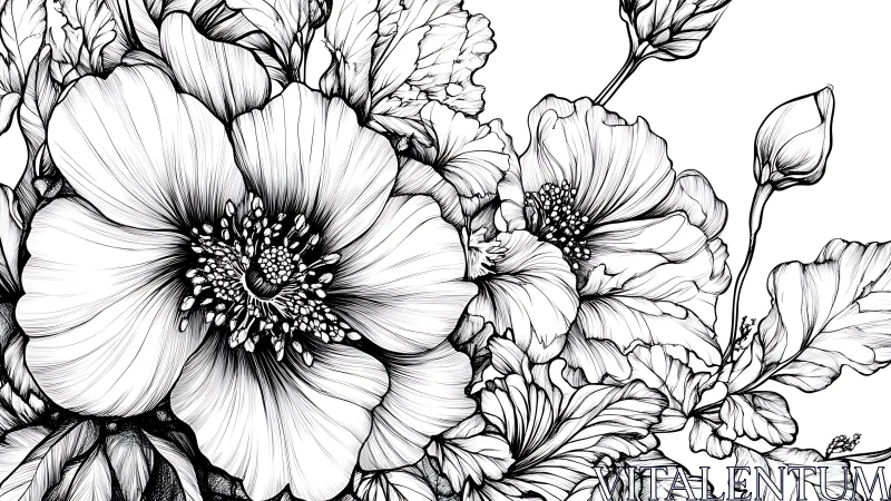 Detailed Botanical Florals. Intricate Line Art Blooms.