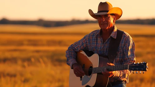 Golden hour cowboy strumming gentle songs to the prairie.