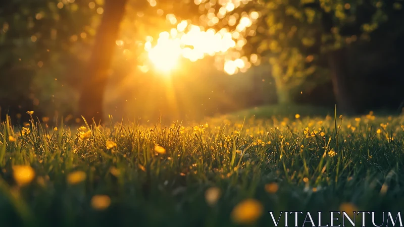 Golden sunrise glows through meadow grass in tranquil park