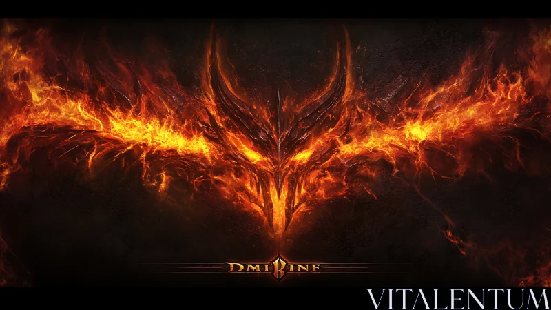 Demonic fire visage ignites symmetric infernal wings.