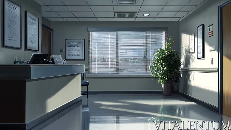 Sunlit clinical reception interior rendered in photoreal detail