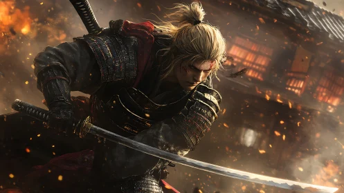 Armored samurai warrior fighting amid burning village.