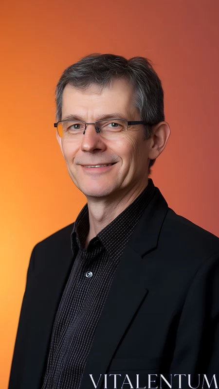 Confident professional portrait against glowing orange backdrop.