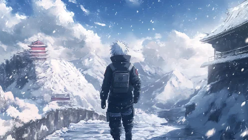 Lone shinobi crosses frozen mountain pass toward temples.