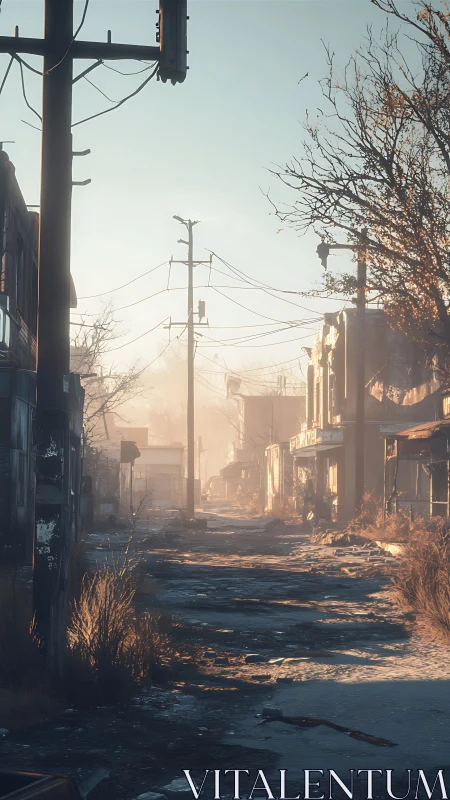 Abandoned winter street glows in soft, haunting sunrise light