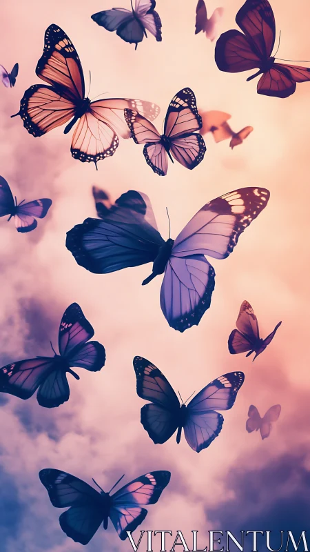 Butterflies in gradient sky rendered as soft digital illustration