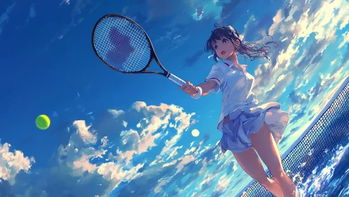 Summer sky tennis swing under swirling watercolor clouds.