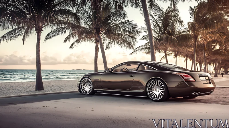 Sunset coastal drive with sleek luxury coupe by palms.