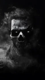 Skull-like metallic face emerges from smoke in low key lighting