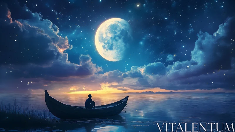 Solitary dreamer drifts beneath luminous full moon sky.