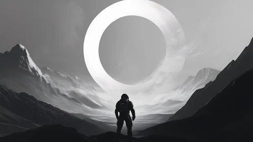 Solitary astronaut studies luminous ring over alien valley