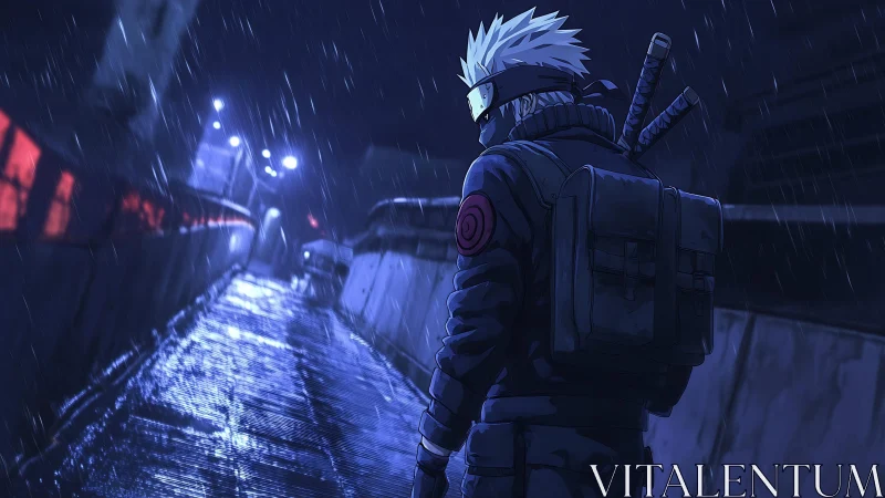 Solitary ninja walks a rain-soaked city bridge at night.