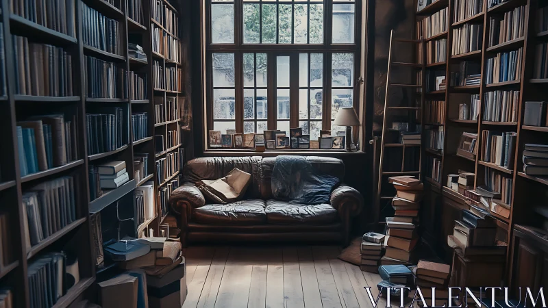 Weathered leather sofa dreaming beneath tall library windows.