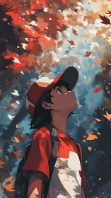 Boy in red cap quietly measures the falling autumn sky