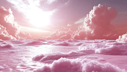 Pink cloudscape under bright sun in soft horizon light.