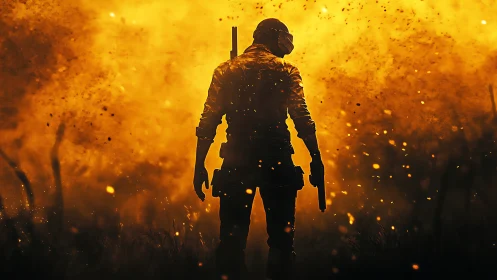 Cinematic digital painting of lone gunman in burning haze.