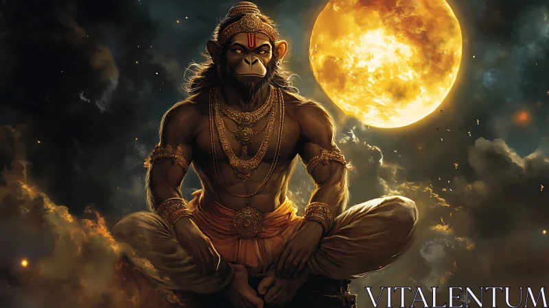 Digital painting of divine simian warrior under lunar halo.