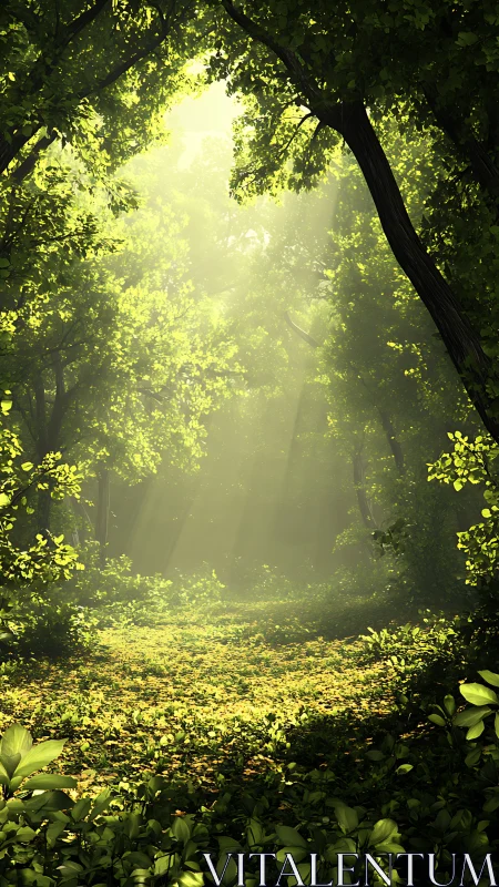 Sunlight Filtering Through a Mystical Green Forest Canopy.