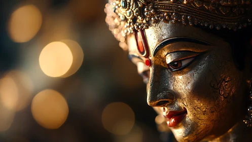 Gilded deity visage in shallow-depth optical close-up study.