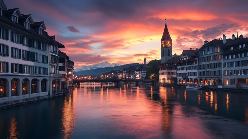 Riverside European town with clocktower at dusk under clouds.