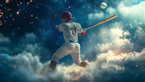 Baseball batter swings in cloud-filled, starry night sky